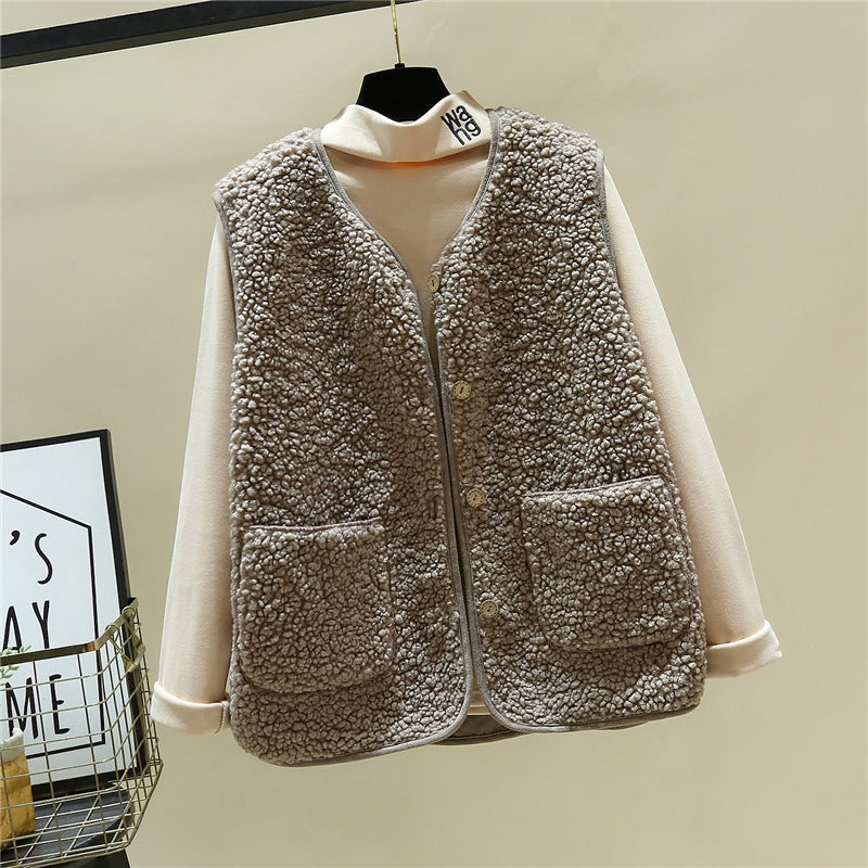 Damen kuschelige Teddyweste mit Druckknopf und aufgesetzten Taschen EB