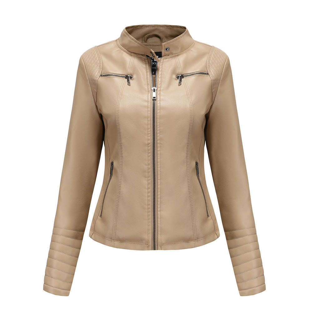 Damen nan taillierte Bikerjacke aus Kunstleder mit Stehkragen und gesteppter Ärmelpartie EB