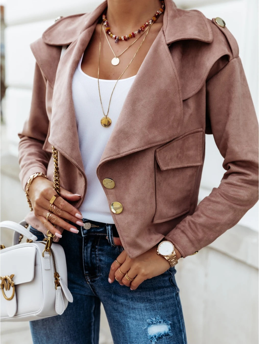 Damen Cropped Velourslederjacke mit weitem Revers und goldenen Zierknöpfen EB