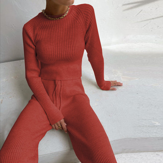Damen Rippstrickanzug mit weitem Bein und hohem Schnitt EB