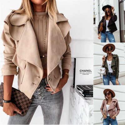 Damen Cropped Velourslederjacke mit weitem Revers und goldenen Zierknöpfen EB