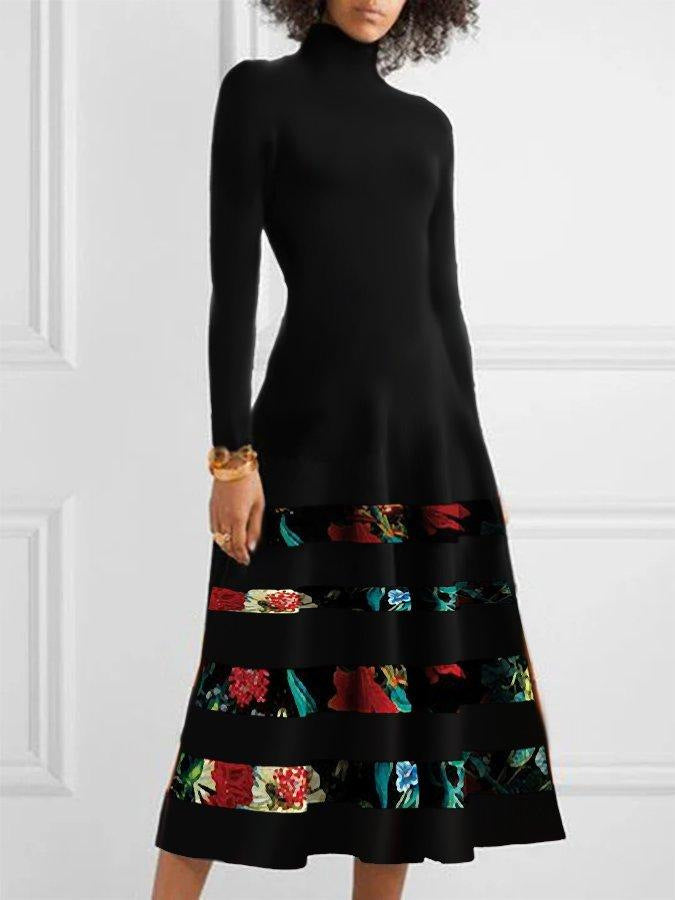 Damen Strickkleid mit hohem Kragen und floralem Saum EB
