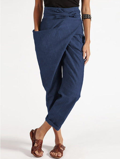 Damen nan Wickelhose aus Leinenmix mit hohem Taillenbund, überlappender Vorderseite und großzügiger Eingrifftasche EB