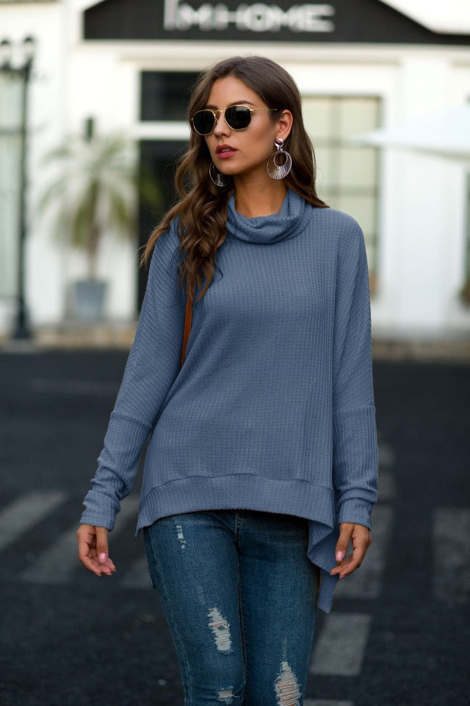 Damen lässiger Pullover mit schickem Schal-Kragen und asymmetrischem Saum EB