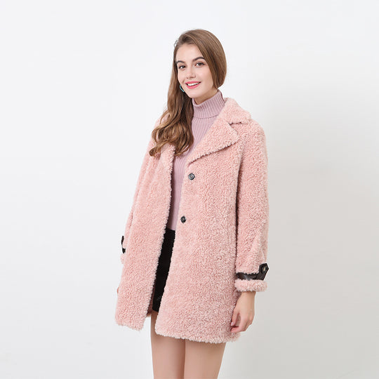 Damen Flauschiger Kurzmantel mit modischem Kragen und Knöpfen EB