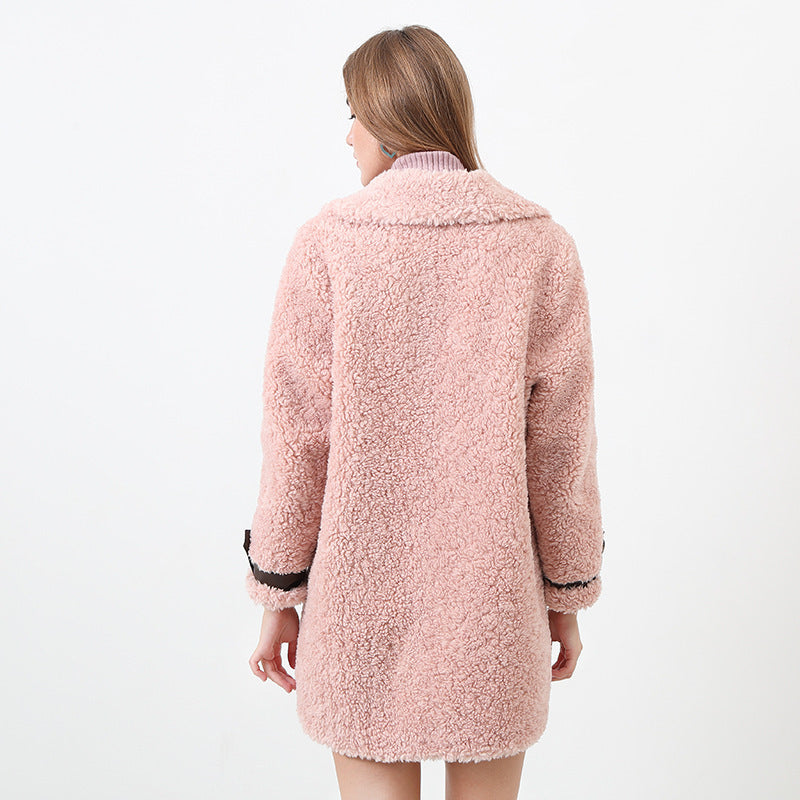 Damen Flauschiger Kurzmantel mit modischem Kragen und Knöpfen EB