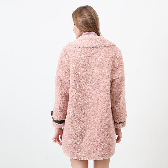 Damen Flauschiger Kurzmantel mit modischem Kragen und Knöpfen EB