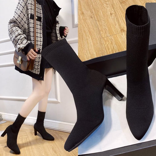 Damen nan gestrickte Sock-Boots mit spitzer Zehenpartie elastischem Schaft und mittelhohem Blockabsatz EB