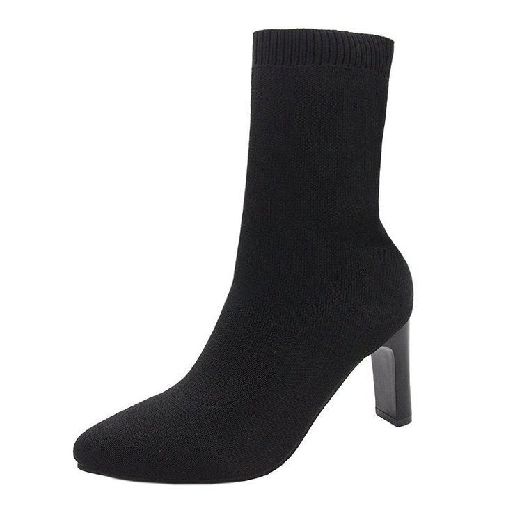 Damen nan gestrickte Sock-Boots mit spitzer Zehenpartie elastischem Schaft und mittelhohem Blockabsatz EB