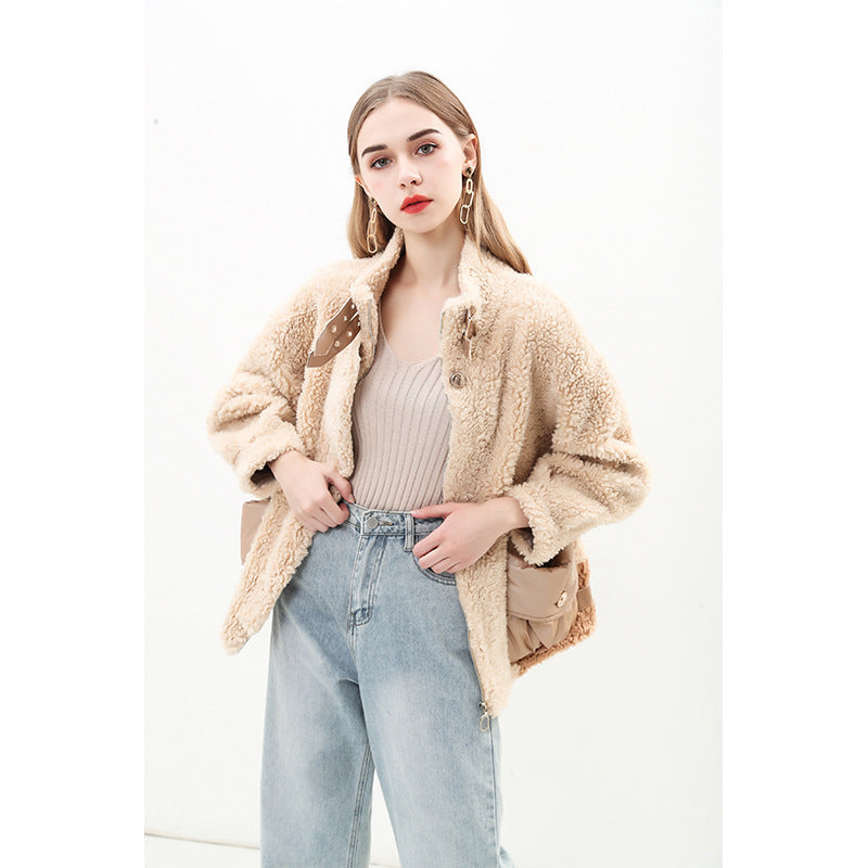 Damen kuschelige Oversize-Jacke mit dekorativen Taschen EB
