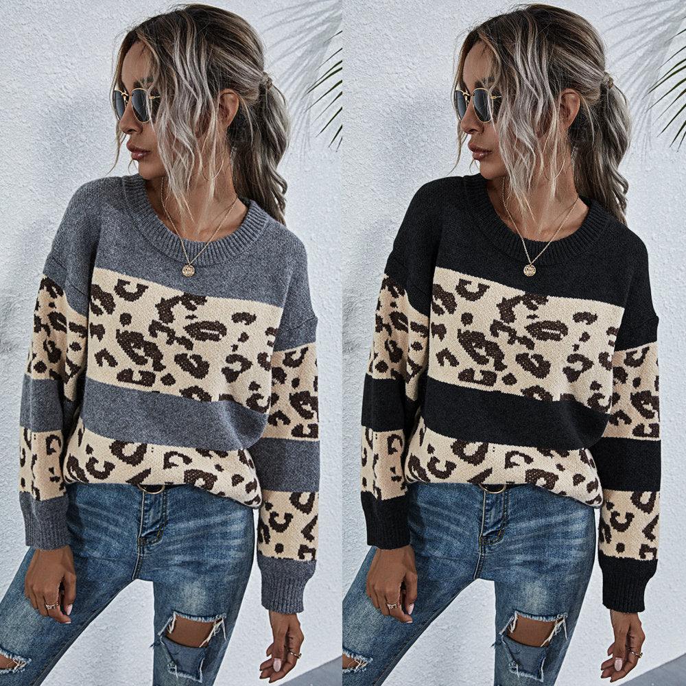Damen gemütlicher Strickpullover mit Leopardenmuster EB