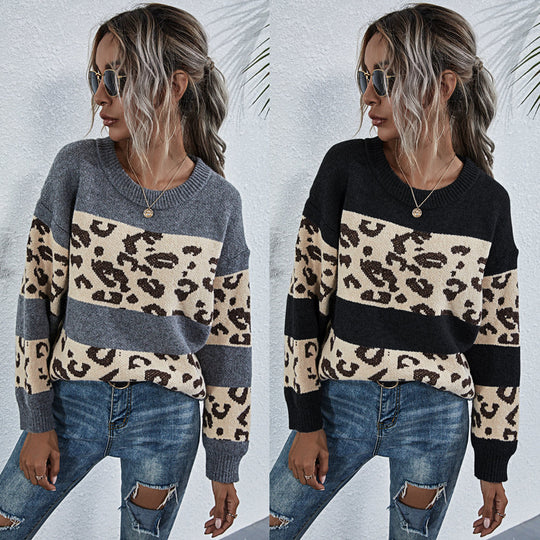 Damen gemütlicher Strickpullover mit Leopardenmuster EB