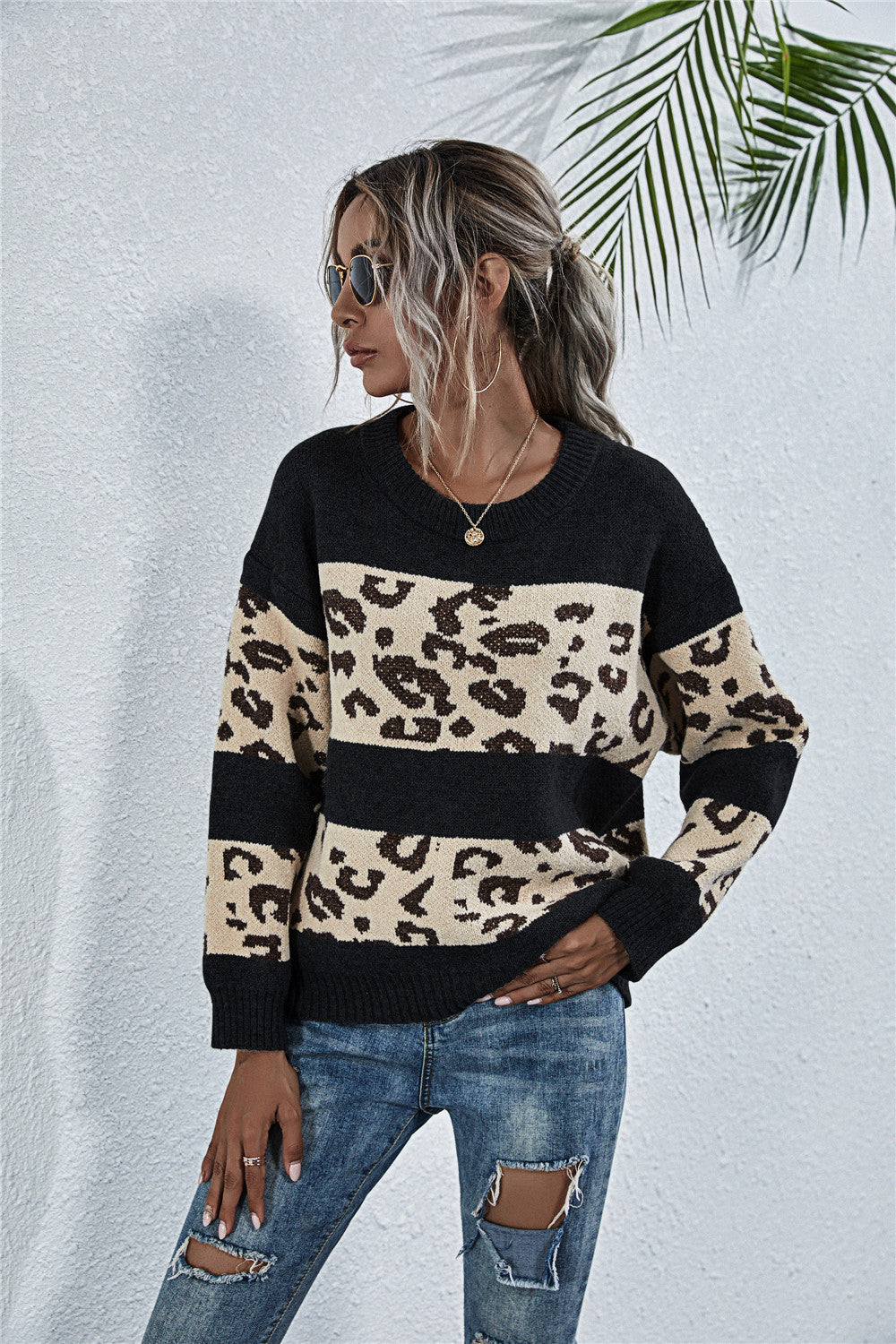 Damen gemütlicher Strickpullover mit Leopardenmuster EB