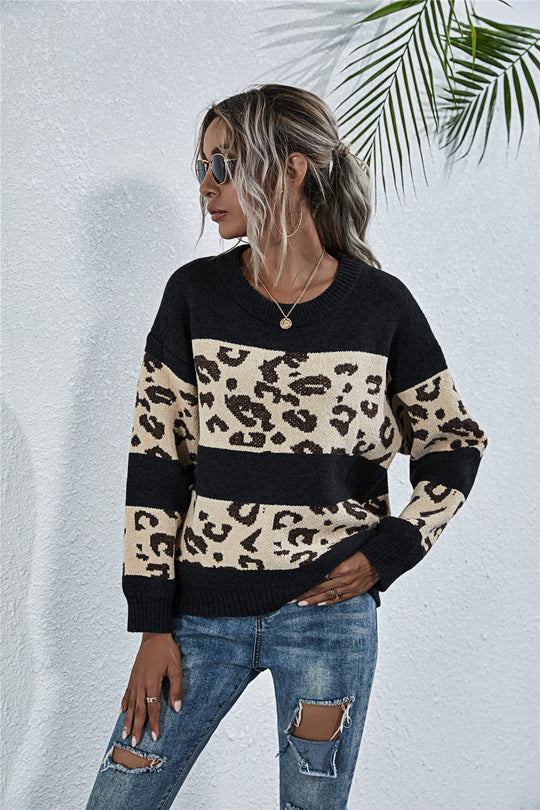 Damen gemütlicher Strickpullover mit Leopardenmuster EB