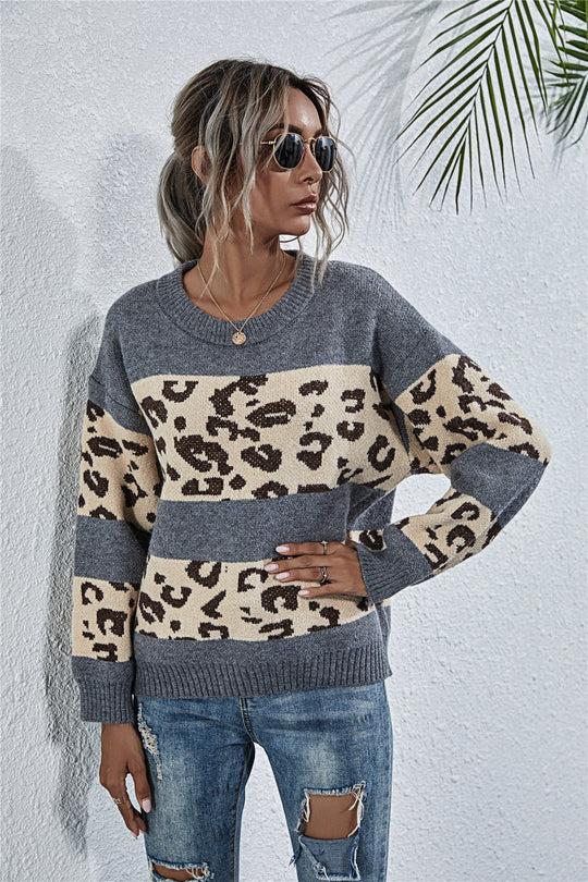 Damen gemütlicher Strickpullover mit Leopardenmuster EB
