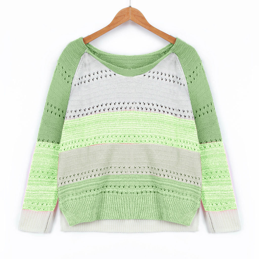 Damen Strickpullover mit ausgefallenem Farbdesign und modischem Lochmuster EB