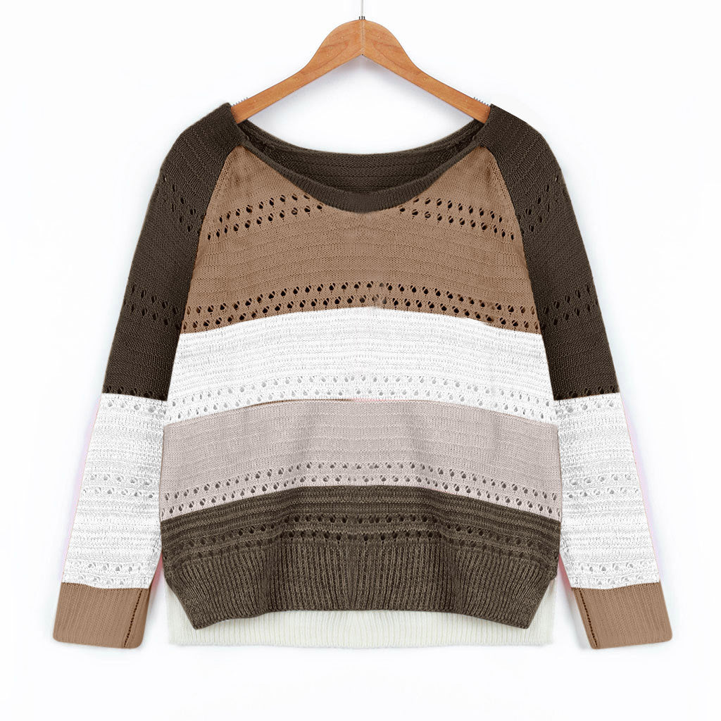Damen Strickpullover mit ausgefallenem Farbdesign und modischem Lochmuster EB