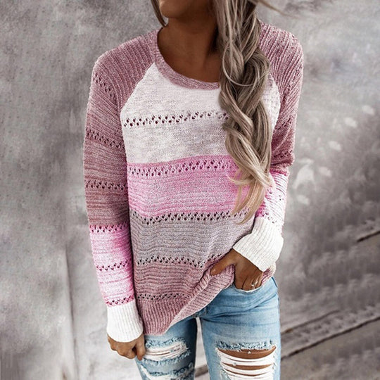 Damen Strickpullover mit ausgefallenem Farbdesign und modischem Lochmuster EB
