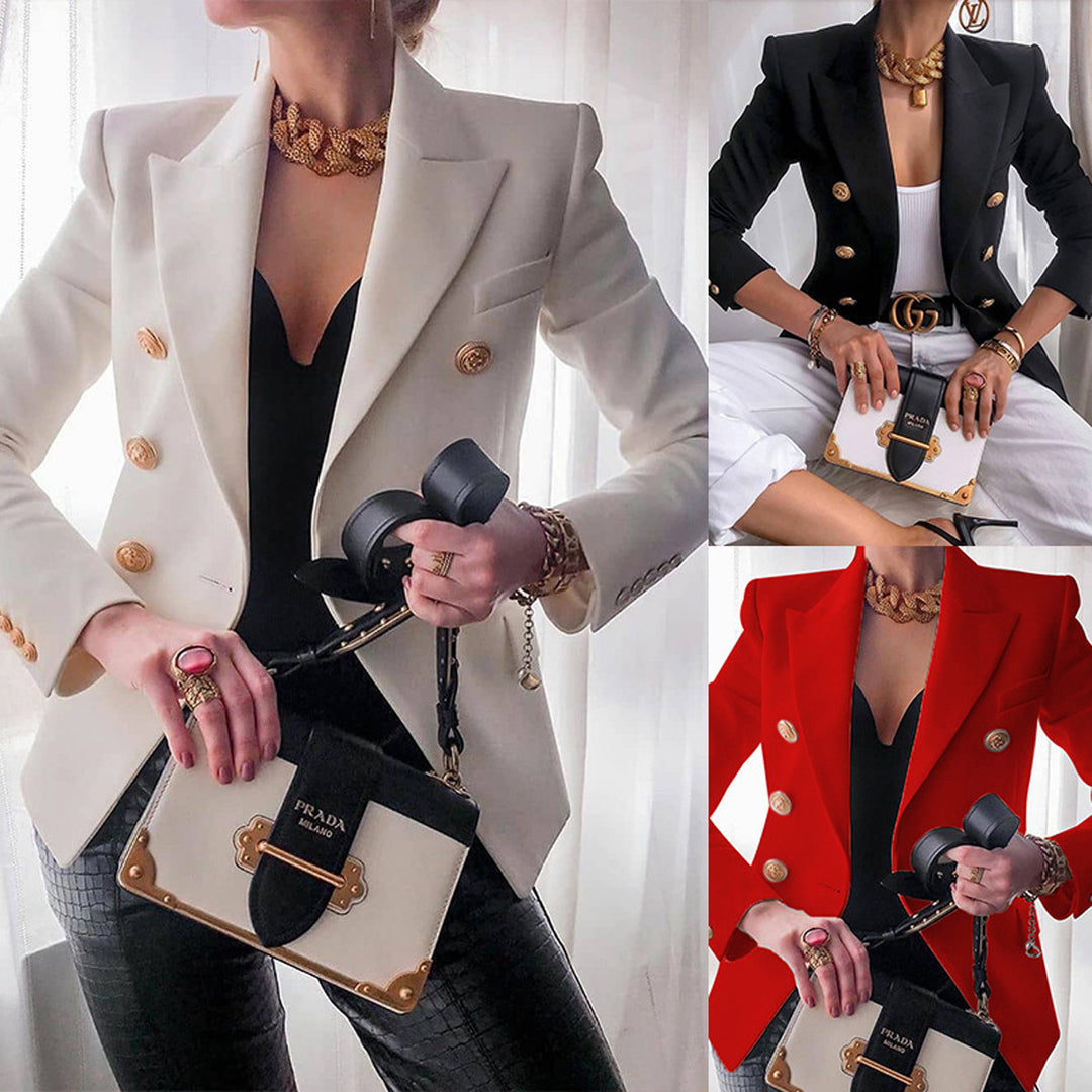 Damen nan taillierter Doppelreiher-Blazer mit strukturierten Schultern und goldenen Metallknöpfen EB