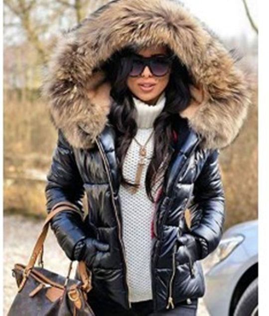 Damen Modische Steppjacke mit Kunstpelzkragen EB