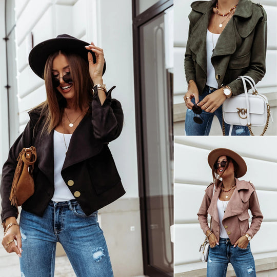 Damen Cropped Velourslederjacke mit weitem Revers und goldenen Zierknöpfen EB