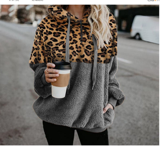 Damen Trendiger Zip-Hoodie mit Leopardenmuster und kuscheligem Fleece EB
