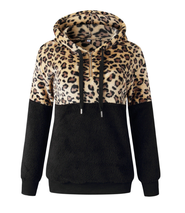 Damen Trendiger Zip-Hoodie mit Leopardenmuster und kuscheligem Fleece EB