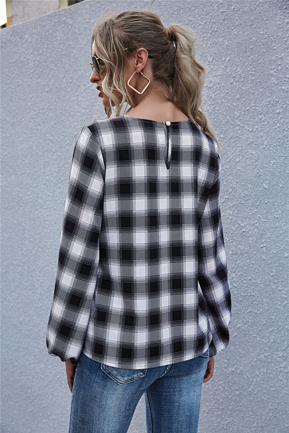 Damen Bluse mit Knoten-Detail und lässigem Karomuster EB