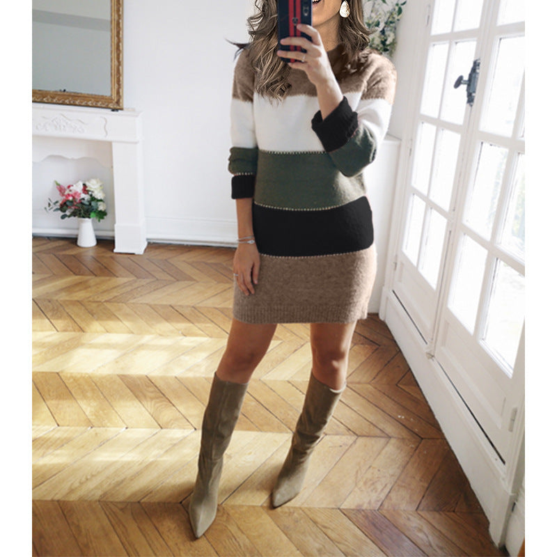 Damen nan gestreiftes Strickkleid mit figurbetonter Passform, geripptem Saum und langen Ärmeln EB