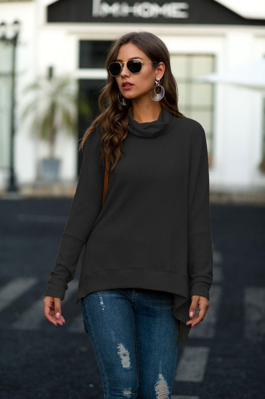Damen lässiger Pullover mit schickem Schal-Kragen und asymmetrischem Saum EB