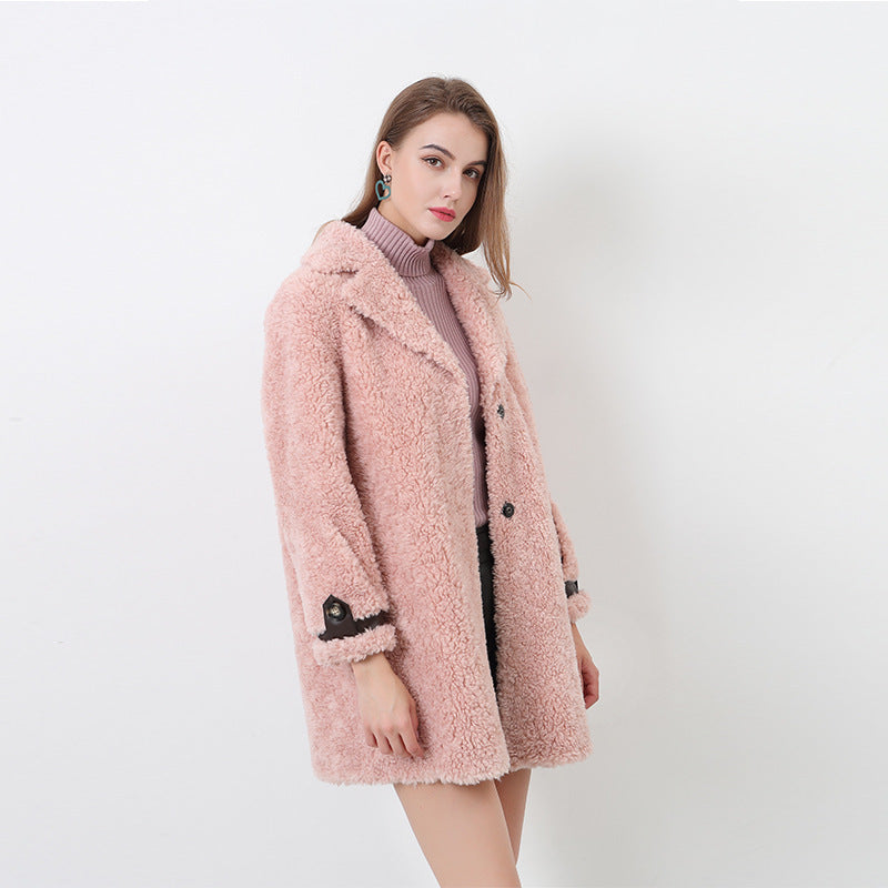 Damen Flauschiger Kurzmantel mit modischem Kragen und Knöpfen EB