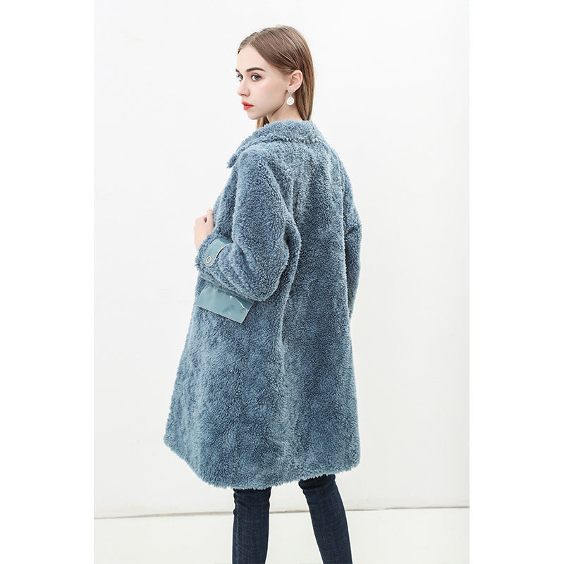 Damen Flauschiger Kunstfell-Mantel mit Taschen und klassischem Kragen EB