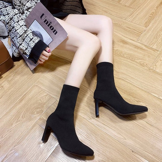 Damen nan gestrickte Sock-Boots mit spitzer Zehenpartie elastischem Schaft und mittelhohem Blockabsatz EB