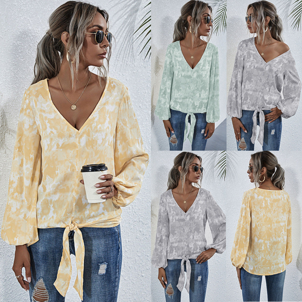 Damen Bluse mit V-Ausschnitt und verspieltem Knoten EB