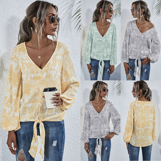 Damen Bluse mit V-Ausschnitt und verspieltem Knoten EB
