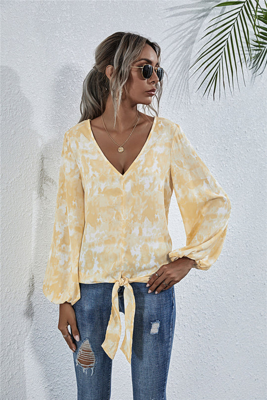 Damen Bluse mit V-Ausschnitt und verspieltem Knoten EB