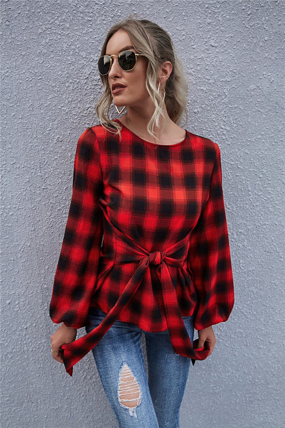 Damen Bluse mit Knoten-Detail und lässigem Karomuster EB