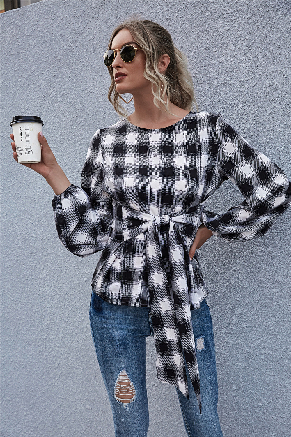 Damen Bluse mit Knoten-Detail und lässigem Karomuster EB