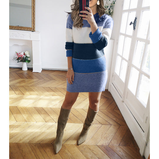 Damen nan gestreiftes Strickkleid mit figurbetonter Passform, geripptem Saum und langen Ärmeln EB