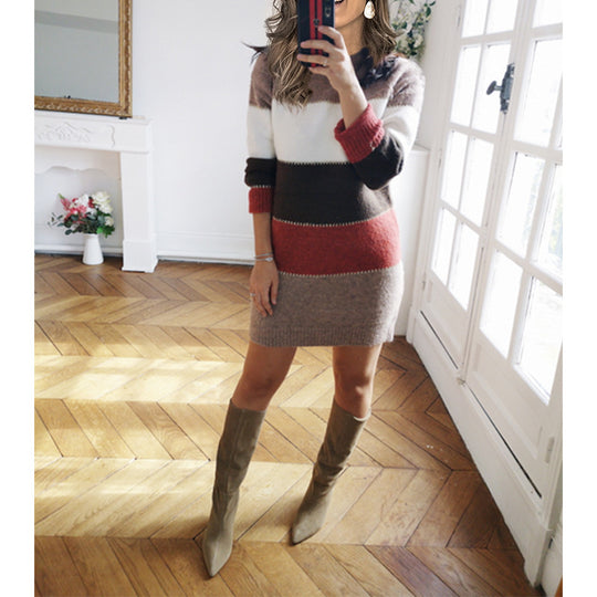 Damen nan gestreiftes Strickkleid mit figurbetonter Passform, geripptem Saum und langen Ärmeln EB