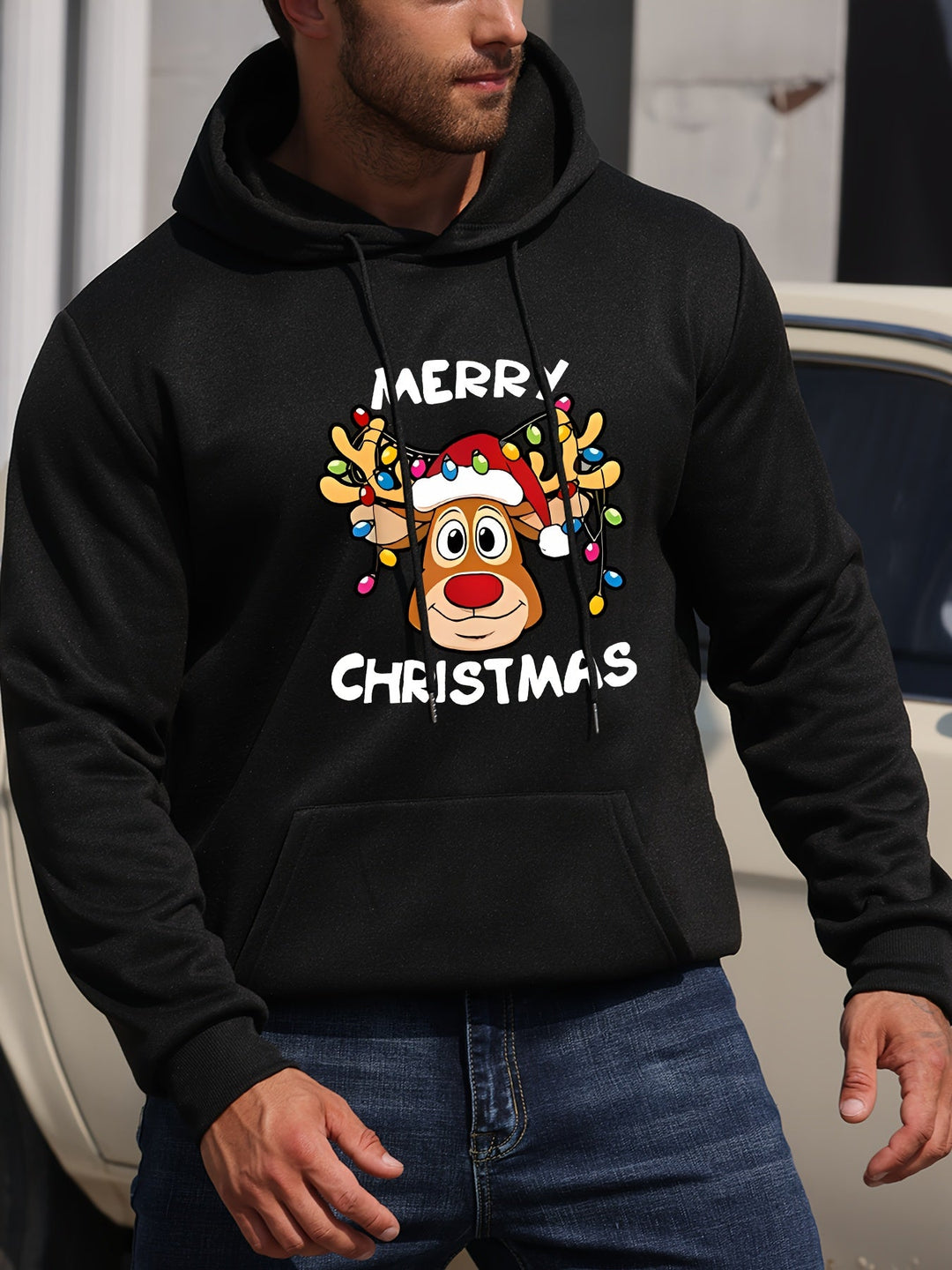 EB | Weihnachtskapuzenpullover mit Rentierdruck Polyester Frohe Weihnachten Design