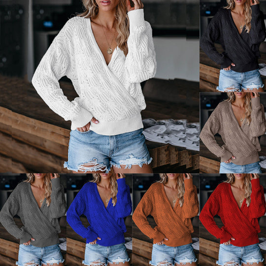 Damen Übergröße Strickpullover mit V-Ausschnitt und Rippstrickbündchen EB