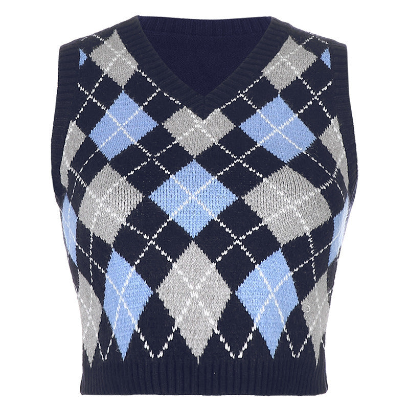 Damen nan ärmellose kurze Strickweste mit Rautenmuster und V-Ausschnitt EB