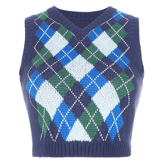 Damen ärmelloses Strickoberteil im modischen Argyle-Muster EB