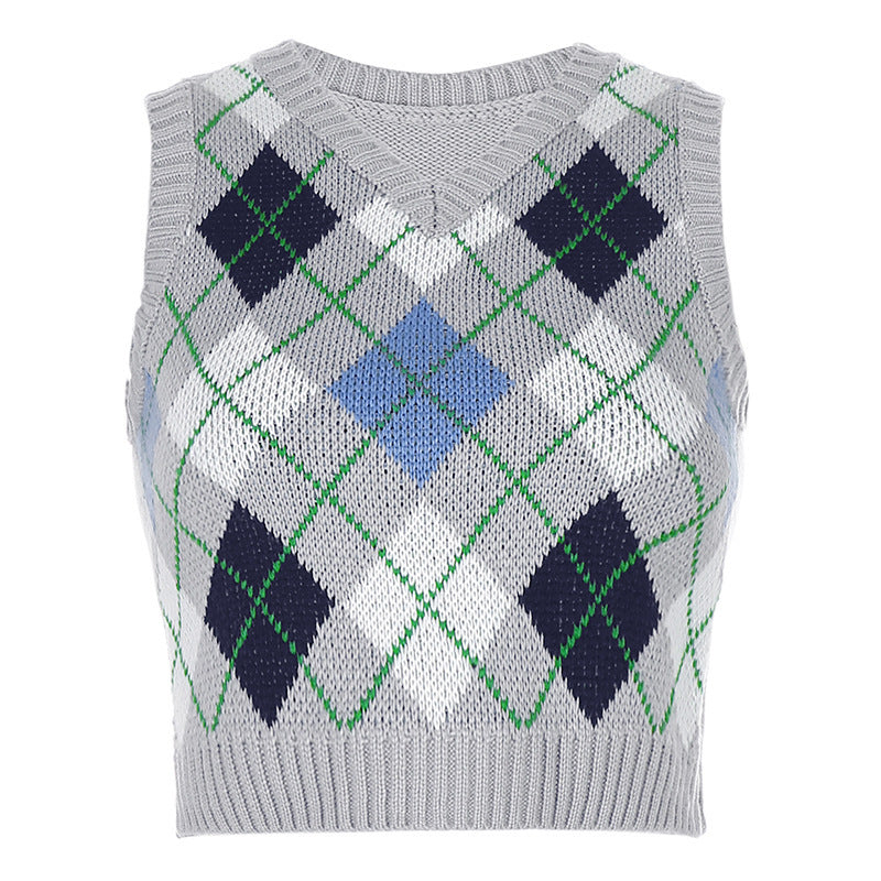 Damen ärmelloses Strickoberteil im modischen Argyle-Muster EB