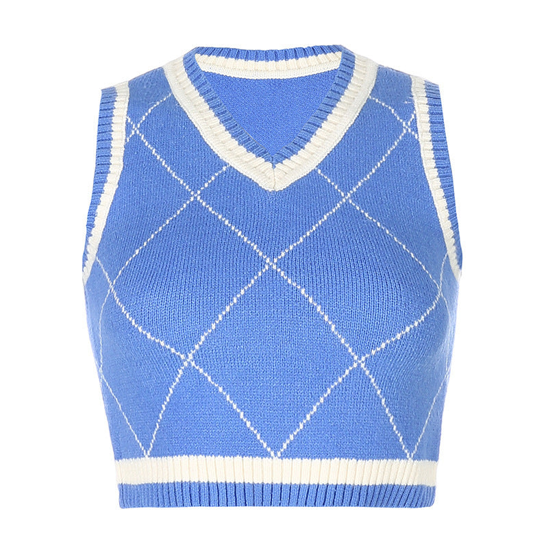Damen gestricktes Crop-Top mit Rautenmuster und V-Ausschnitt EB