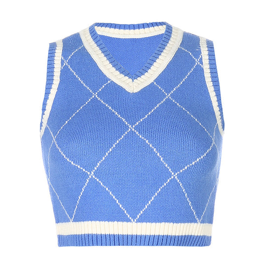 Damen gestricktes Crop-Top mit Rautenmuster und V-Ausschnitt EB