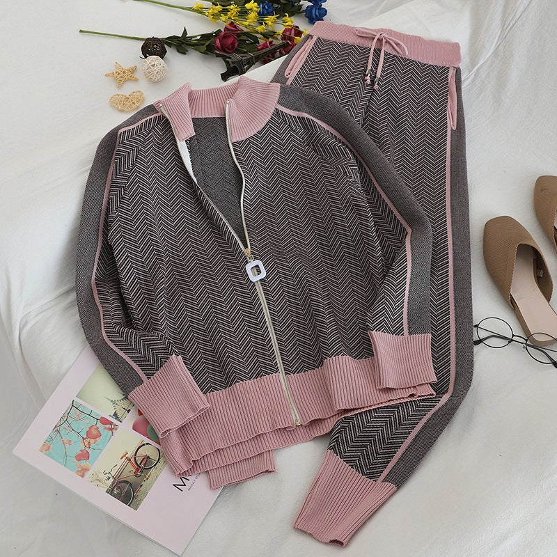 Damen modisches Strick-Loungewear-Set mit geometrischem Muster und elegantem Reißverschluss EB