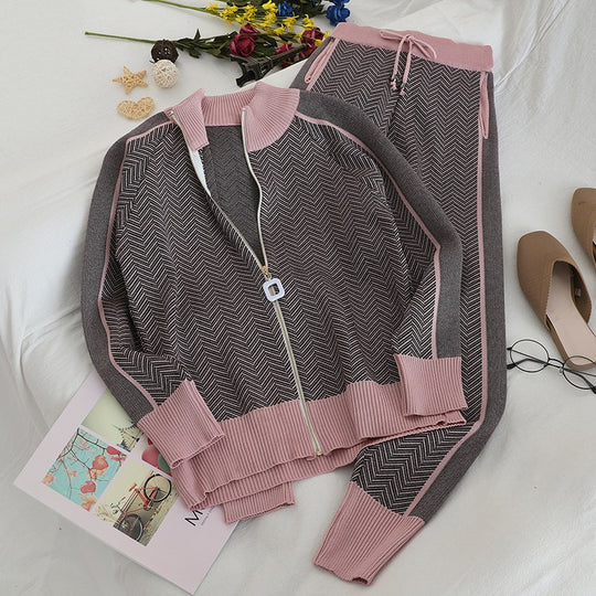 Damen modisches Strick-Loungewear-Set mit geometrischem Muster und elegantem Reißverschluss EB