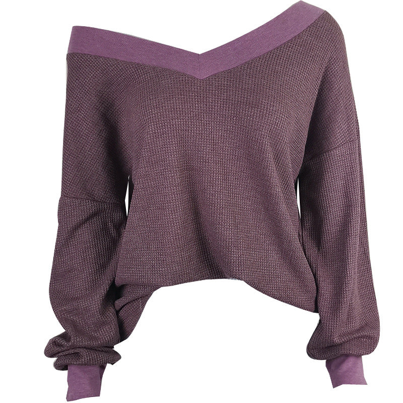 Damen lässiger off-shoulder Pullover im Waffle-Design mit weitem Schnitt EB